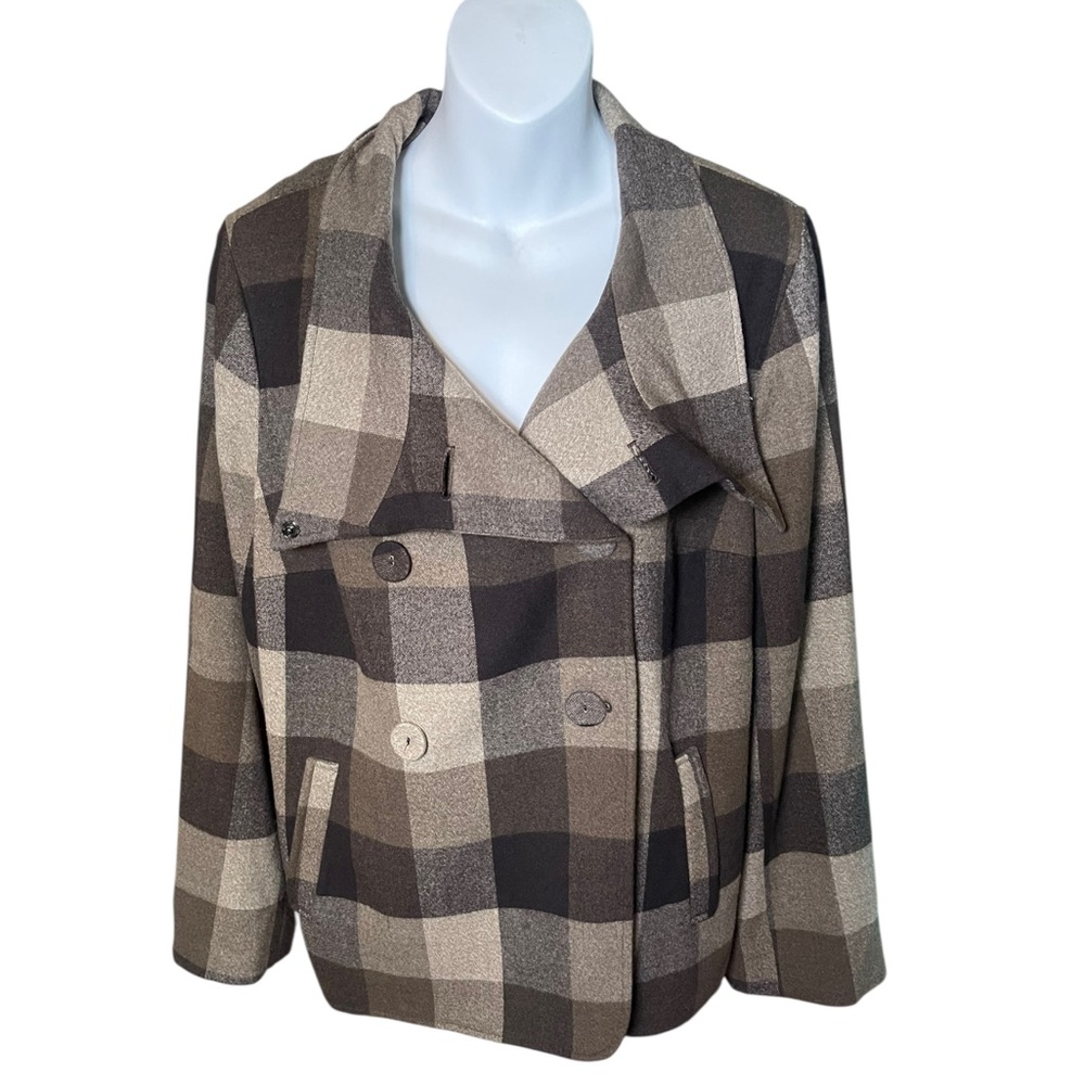 Liz Claiborne Fall Jacket Dbl Breast Size XL Brown Plaid Lined With Pockets